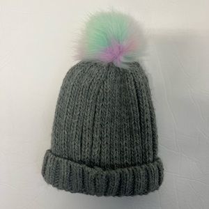 Grey Knit Hat Faux Fur Pom Pom Folded Brim Beanie Hat